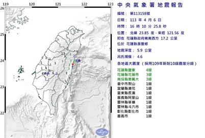 快新聞／16:10花蓮規模4.6地震　最大震度4級、深度僅5.9公里