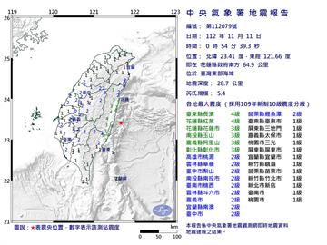 快新聞／台灣東部海域00:54規模5.4地震　最大震度4級