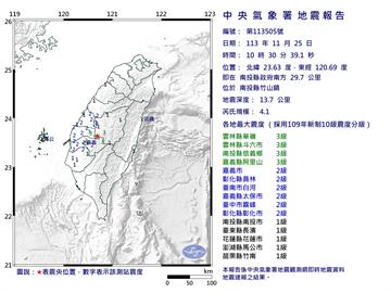 快新聞／地牛翻身！南投竹山10:30規模4.1極淺層地震　11縣市有感