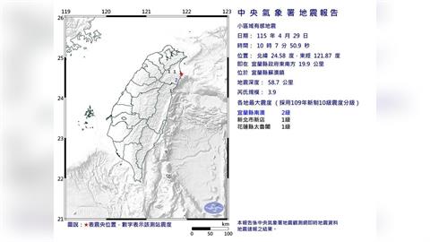 10:07宜蘭蘇澳規模3.9淺層地震　最大震度2級