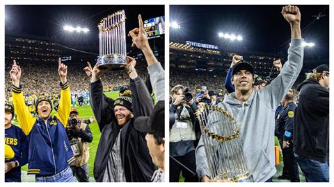 MLB(影)／剛出爐冠軍為包裝工加油！「酒鬼們」帶世界大賽金盃看鄰居比賽