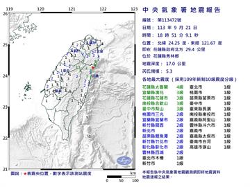 快新聞／18:51花蓮規模5.3地震　最大震度4級