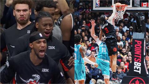 NBA(影)/昔榜眼大復活!暴龍明星前鋒「暴力錘顏扣」成超帥海報 板凳席暴動狂吼