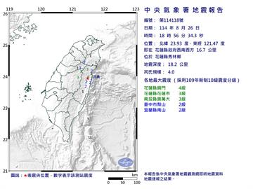快新聞／地牛翻身！18:56花蓮秀林芮氏規模4地震　最大有感震度4級