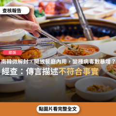事實查核／【錯誤】網傳「南韓緊急宣布升級為四級，因為他們微解封3天而已，咖啡聽、餐廳、開放內用，連二日確診數達1200人，都是變種病毒，打疫苗第一劑都打的差不多，第二劑也打30%..」？