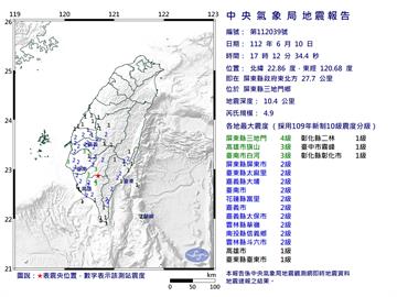 又震！屏東三地門17時12分規模4.9地震　最大震度4級