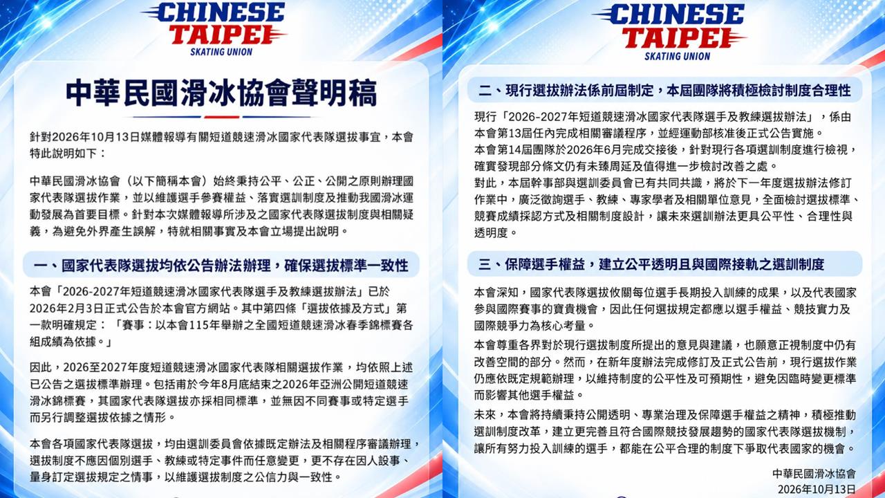 5名選手達標卻0人出賽！短道競速滑冰選拔爆爭議！滑冰協會回應了。（圖／中華民國滑冰協會臉書）