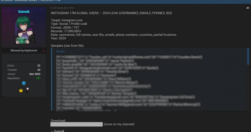 Instagram爆大規模資安外洩! 1750萬用戶個資疑流入暗網