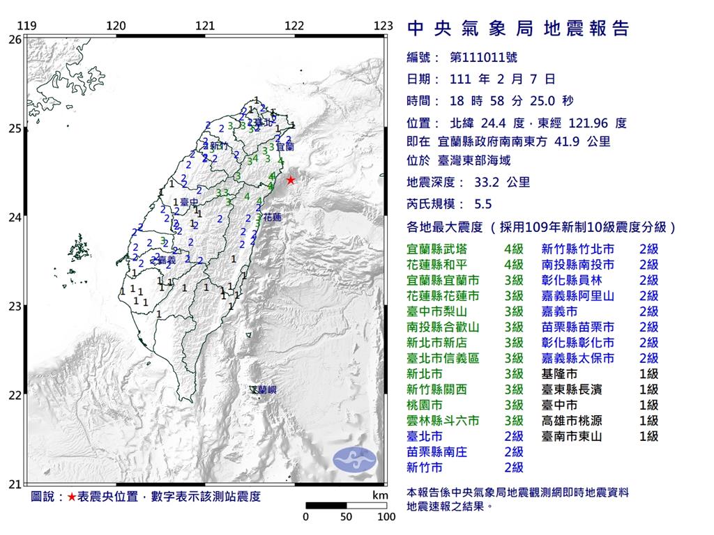 快新聞／18:58東部海域規模5.5地震！　最大震度宜花4級、雙北3級