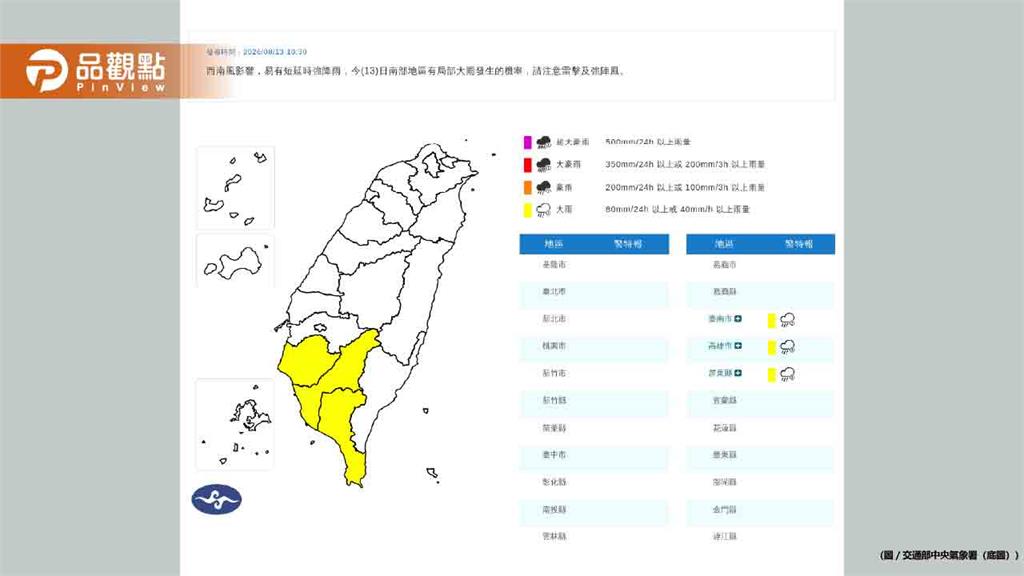 7縣市大雨特報！氣象署：恐有短延時強降雨