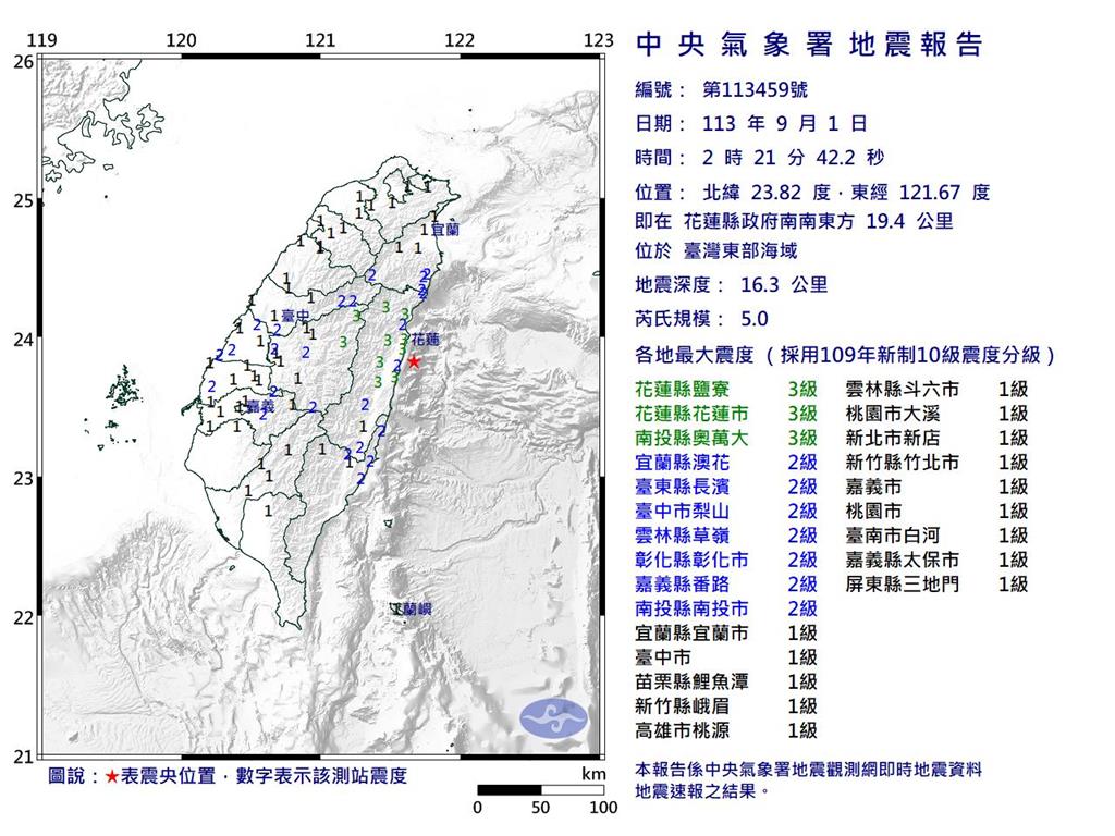 快新聞／凌晨地牛翻身！02:21花蓮外海規模5.0地震　最大震度3級