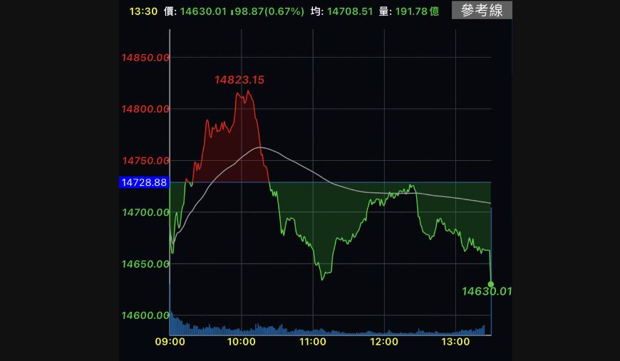 台積電翻黑、金融抗跌　台股下挫98點收14630點