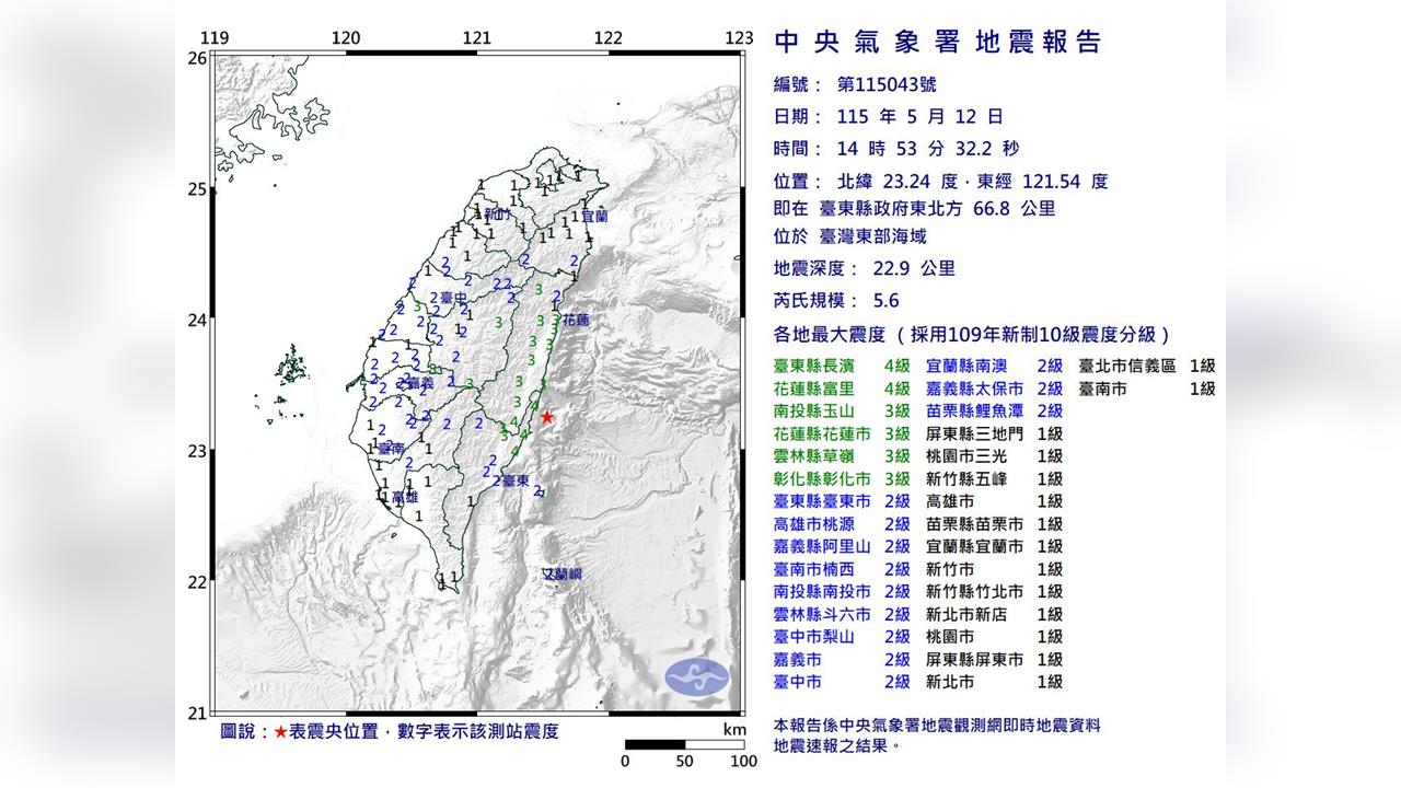 快新聞／14:53東部海域規模5.6地震　最大震度4級