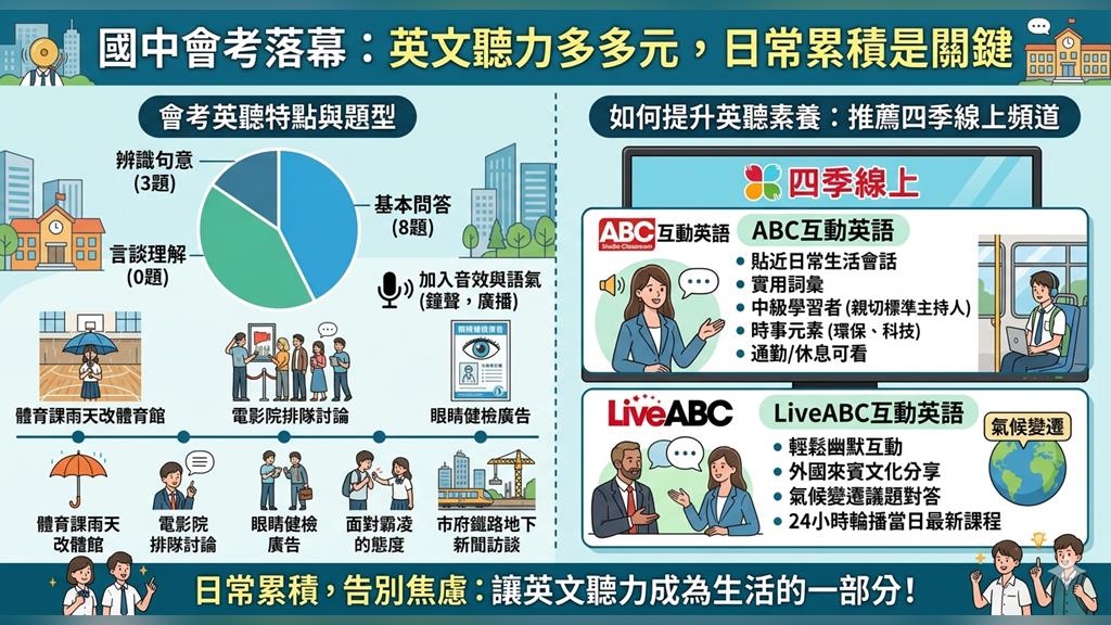國中會考英聽題材多元?國二準備鎖定「四季線上」時事元素提升素養!