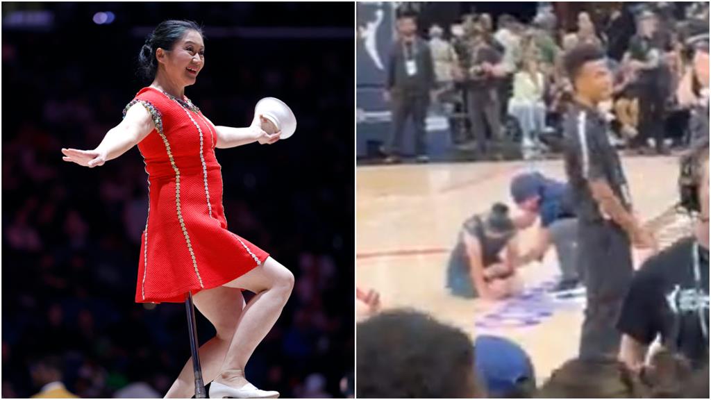 WNBA(影)／「踢碗大媽」表演失誤！紅熊貓驚險重摔　雜技傳奇「坐輪椅」狼狽退場