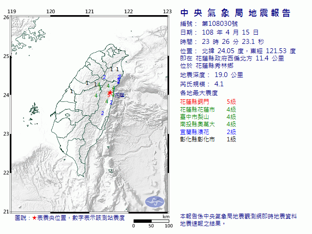 快訊／23：26地牛翻身！花蓮發生規模4.1地震