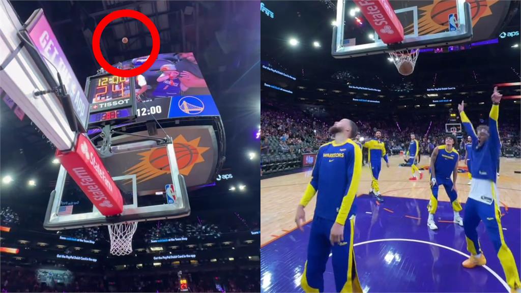 NBA(影)／這次沒騙！勇士柯瑞「屋頂拋籃」彈地進球　超嗨繞場與隊友慶祝