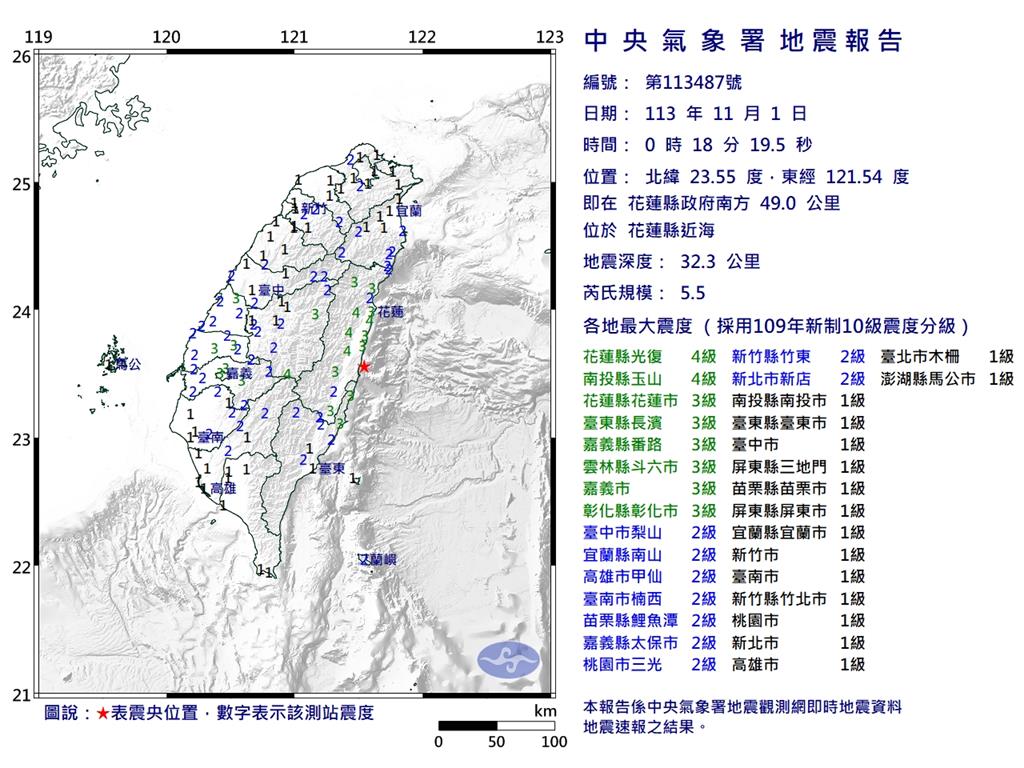 快新聞／00:18花蓮近海規模5.5地震　最大震度4級