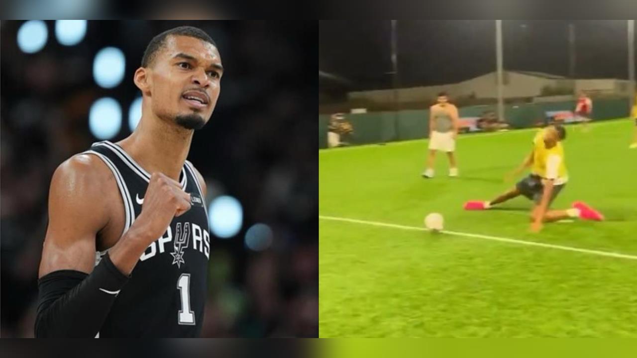 NBA(影)／文班亞馬起腳射門突然滑倒！馬刺球迷全嚇瘋：別再踢足球了