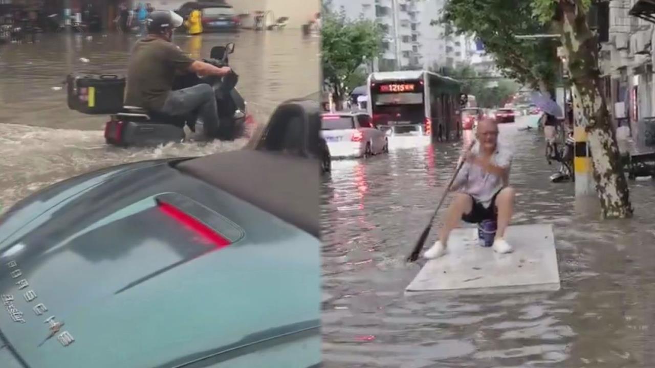 百年暴雨狂襲「上海變海上」　豪車泡水人民划船畫面曝光
