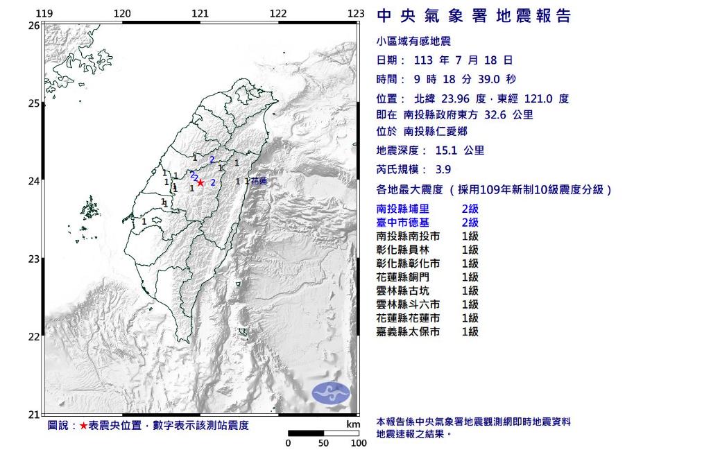 快新聞／09:18南投縣仁愛鄉規模3.9「極淺層」地震　深度僅15.1公里