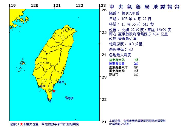 快訊／13：55台東發生規模4.5地震 最大震度3級