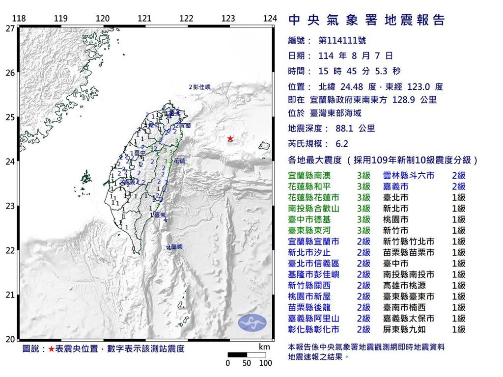 東部海域地震規模6.2　最大震度3級