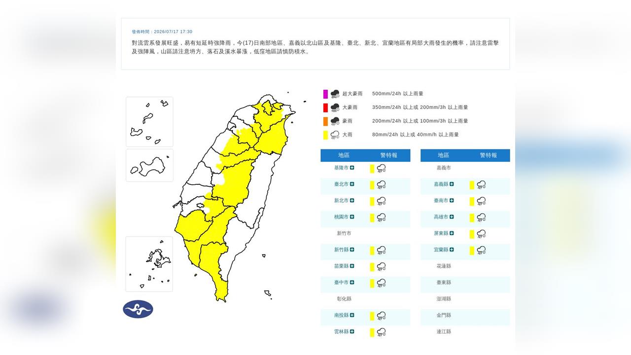 快新聞／下班記得帶傘！免得被淋成落湯雞　14縣市大雨特報