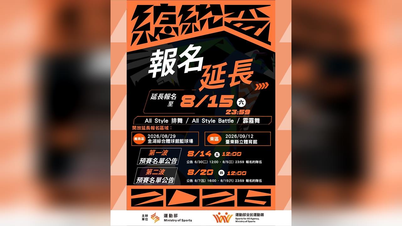 綜合／2026全民運動賽事「總統盃街舞大賽」  離島、東區延長報名至8月15日
