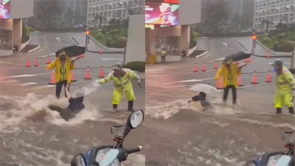 雨彈狂炸！弘光科大前淹成滑水道　「女學生慘摔」還被強勁洪流沖走