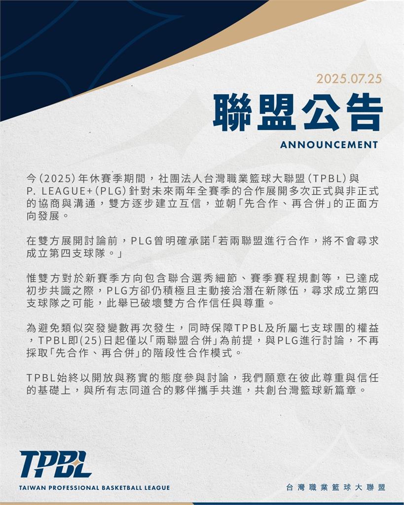 籃球／合作破局！控PLG找第四隊破壞信任　TPBL宣布「只談合併」