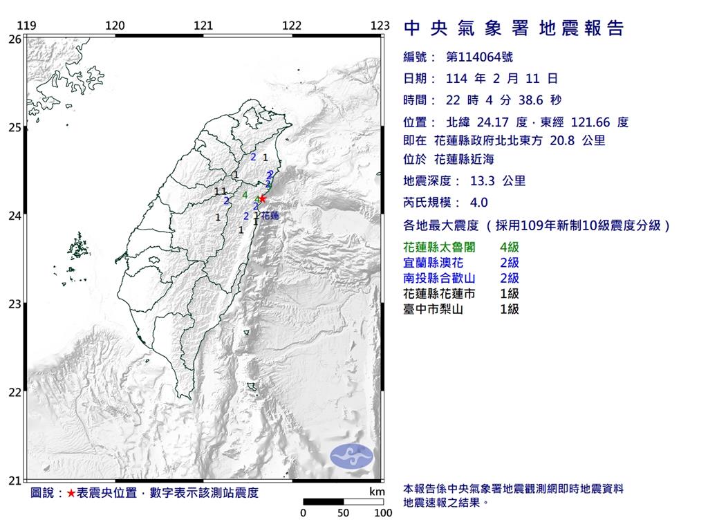 快新聞／最新！22:04花蓮縣近海規模4地震　最大震度4級