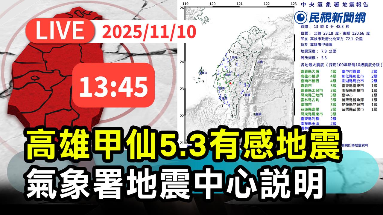 LIVE／高雄甲仙規模5.3極淺層地震　氣象署13:45最新說明