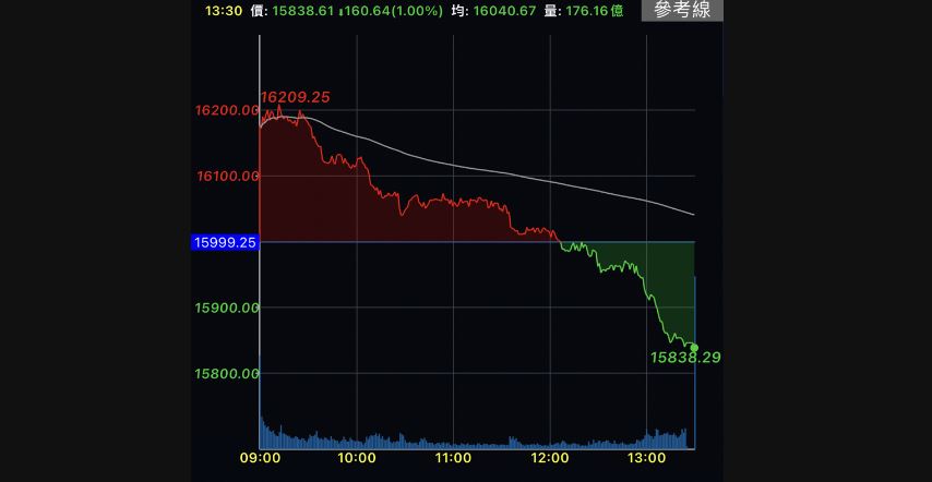 台股開高走低　午盤過後急殺收跌160.64點