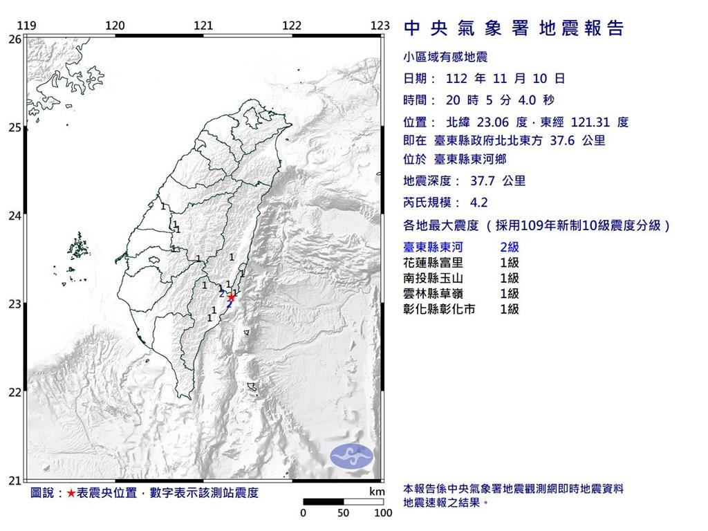 快新聞／20時05分台東外海規模4.2地震　最大震度2級