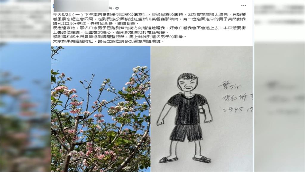 女永和公園賞櫻遭噁男吐口水　靠「速寫」畫出嫌犯容貌助警逮人