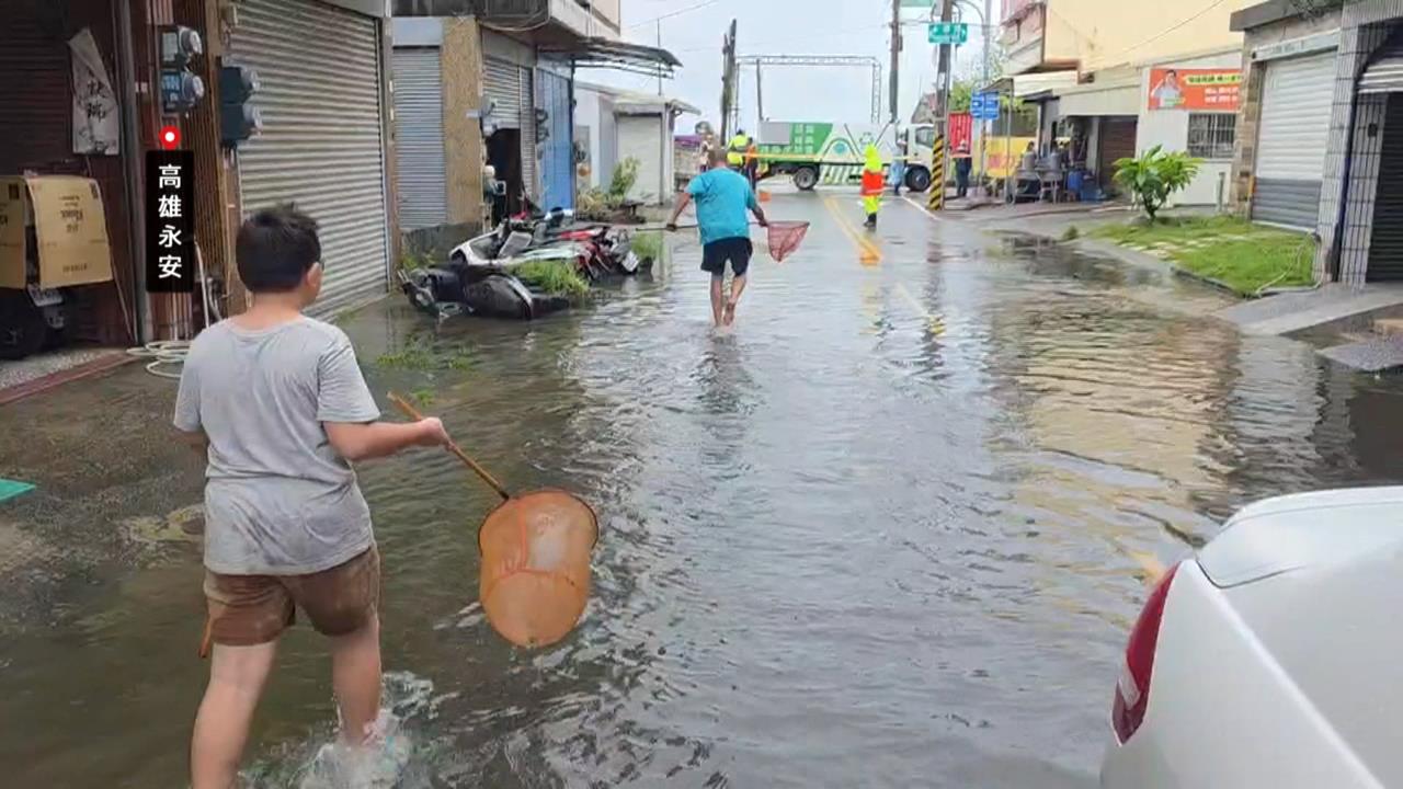 高雄大雨狂下苦哈哈！　民眾「樓上揪樓下」家門前捕魚、推車