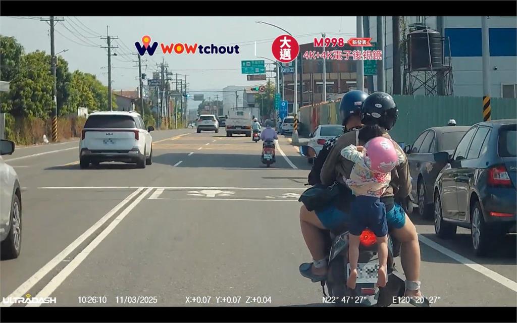 高雄驚現「真人背包」!夫妻四貼載童上路 孩懸空掛車外