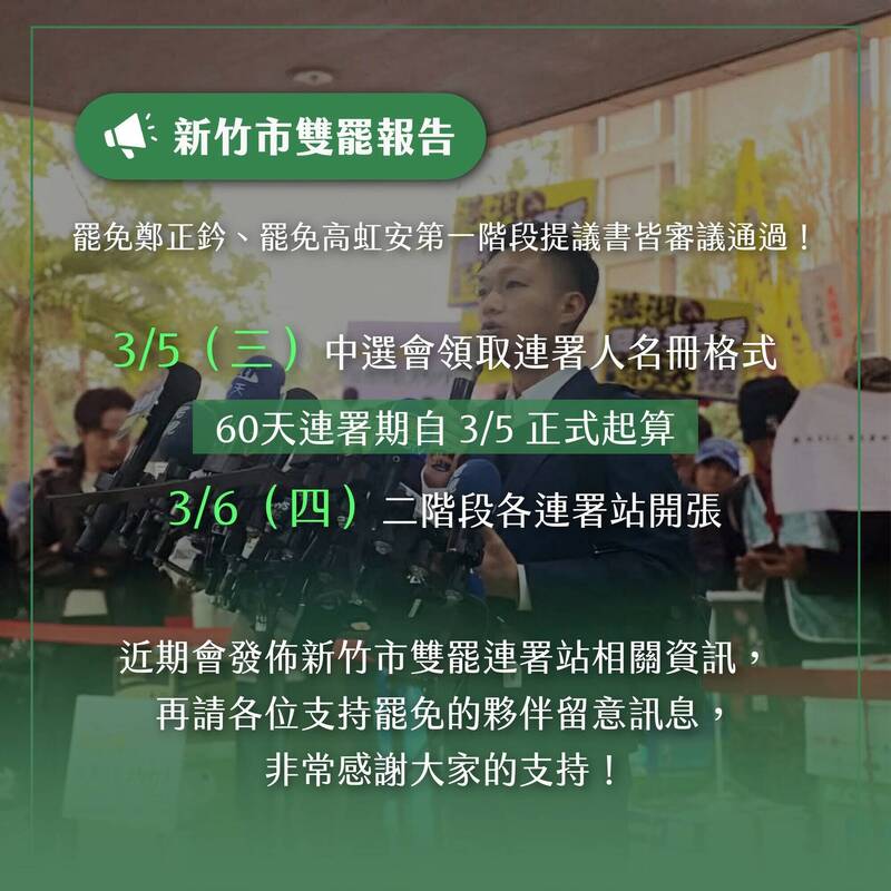 快新聞／新竹市雙罷鄭正鈐、高虹安都過一階門檻　領銜人：「這時候」二階連署站開張