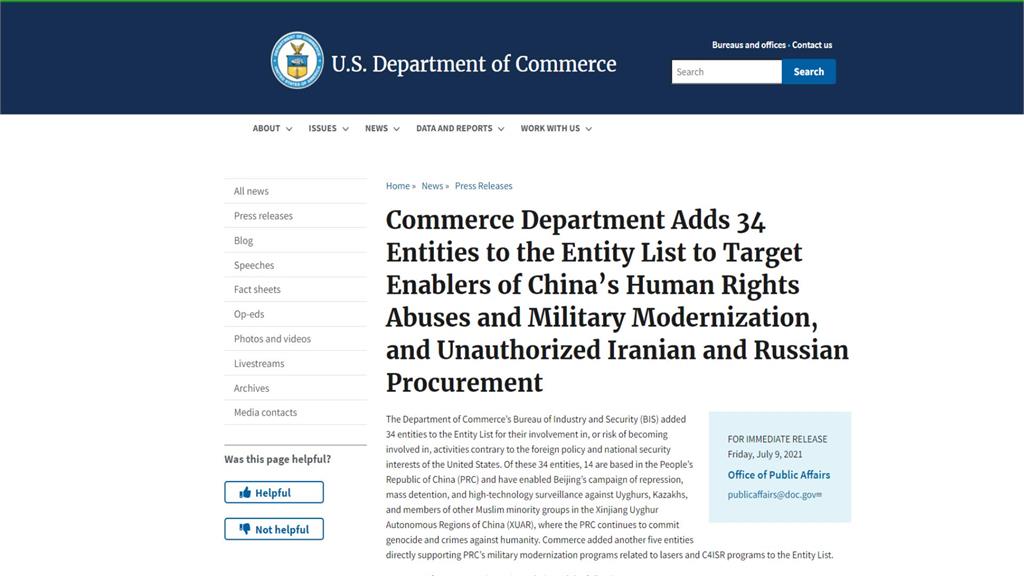 美商務部增列黑名單　14家中企侵害人權上榜