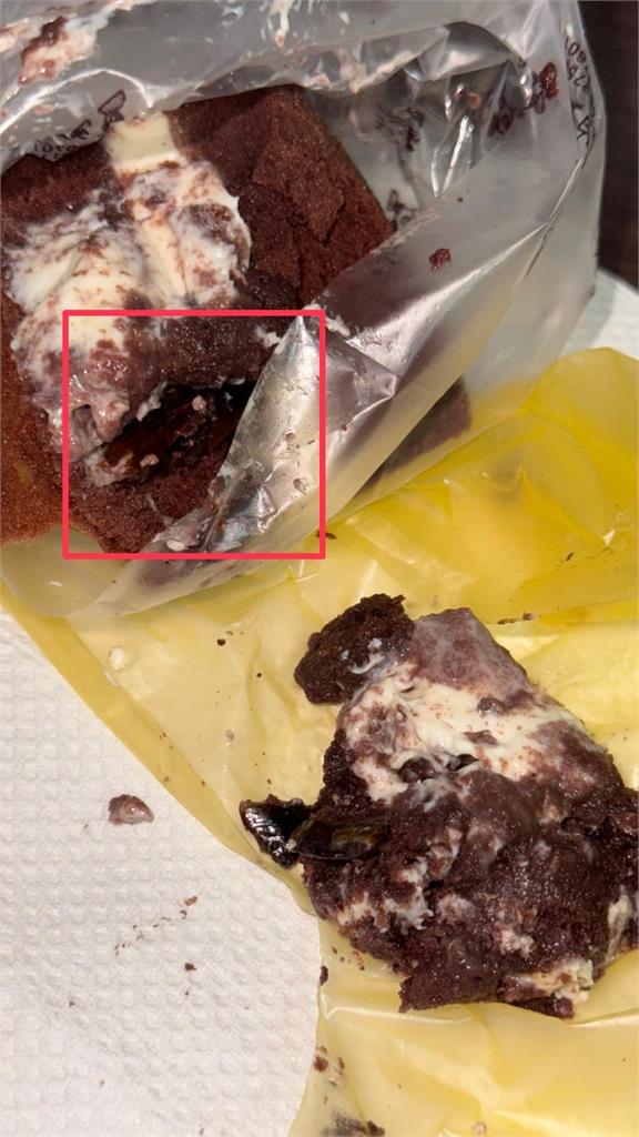 巧克力蛋糕內餡「異常酥脆」　民眾吐出驚見「大蟑螂」嚇壞