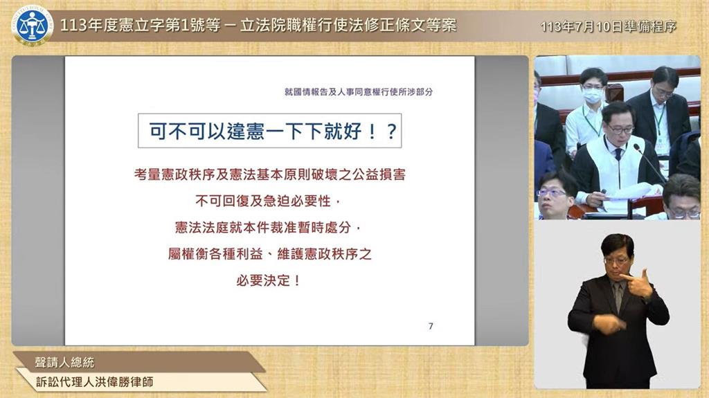 快新聞／憲法法庭國會擴權法案攻防　總統委任律師：若造成憲政損害無法回復