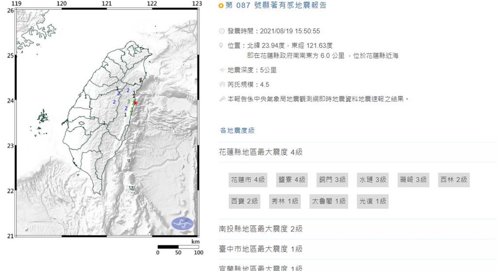 快新聞／地牛翻身！　15:50花蓮近海規模4.5地震、最大震度4級