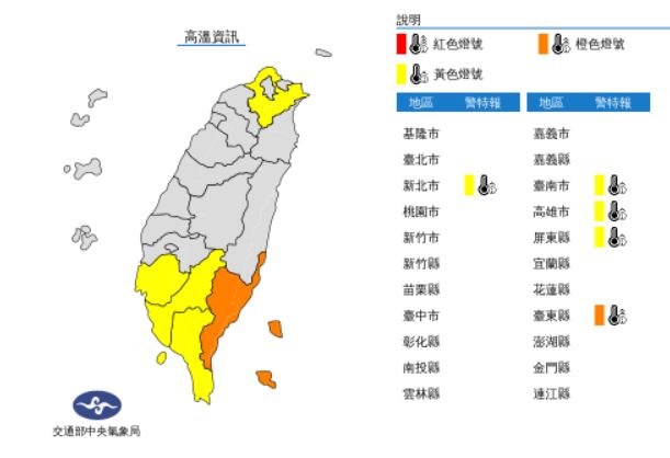快新聞/注意防曬! 5縣市發布高溫特報、台東亮橙燈飆36°C