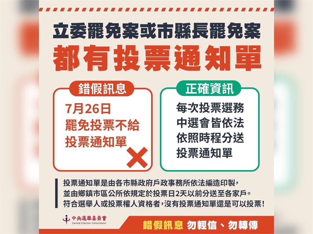 快新聞／網傳罷免不給投票通知單　中選會駁斥：惡意捏造的選務造謠