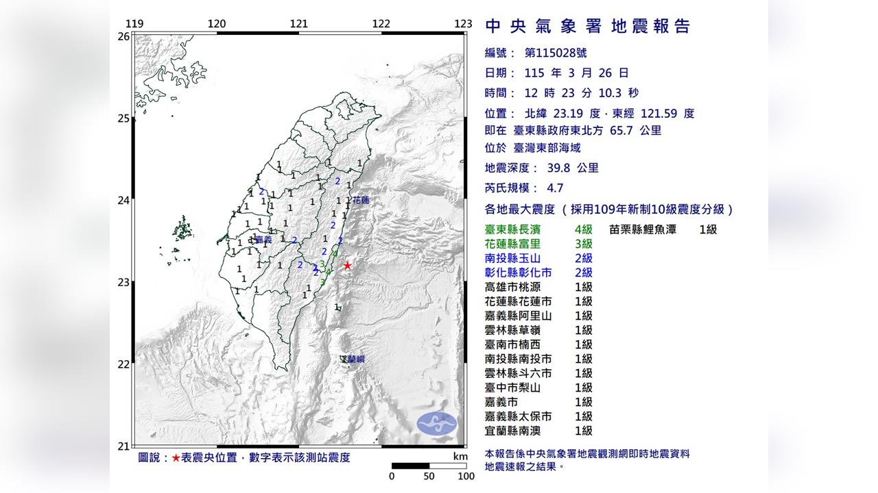 快新聞/12:23東部海域規模4.7地震 最大震度4級