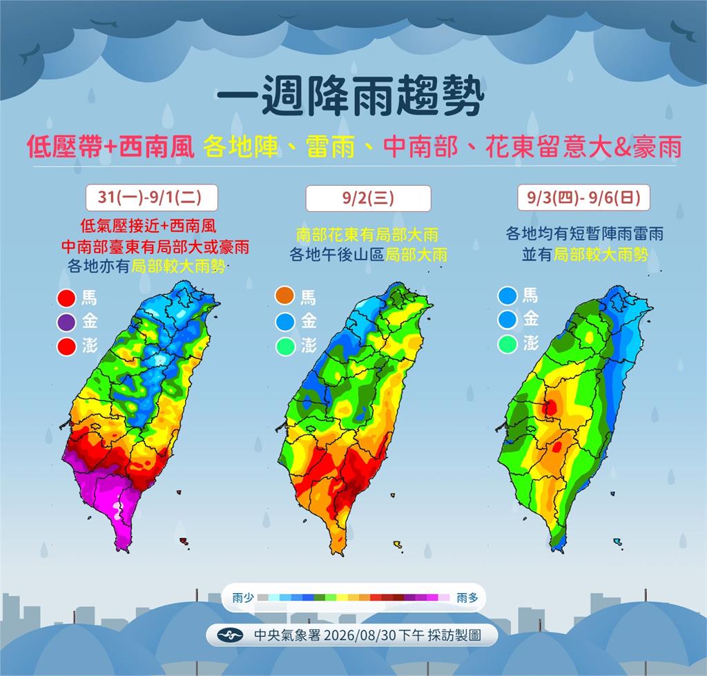 【一週天氣】「7縣市」大雨特報至明天　沙德爾恐「回馬槍」襲台