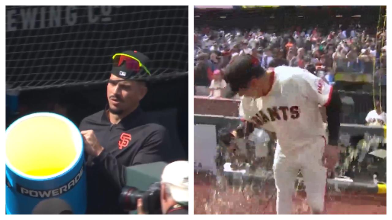 MLB(影) ／怎麼可能這麼帥！李政厚受訪遭隊友偷襲上演「濕背秀」模樣曝光