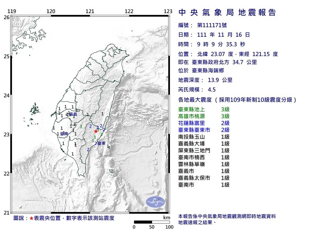 快新聞／09:09台東縣近海規模4.5地震　最大震度台東3級