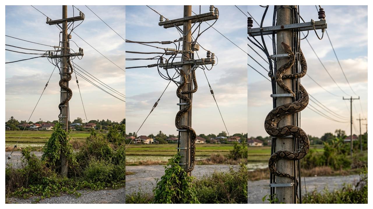 7米巨蟒攀電桿獵鴿！慘遭高壓電「雙擊」炸火花墜地慘死　「尬電」畫面曝光